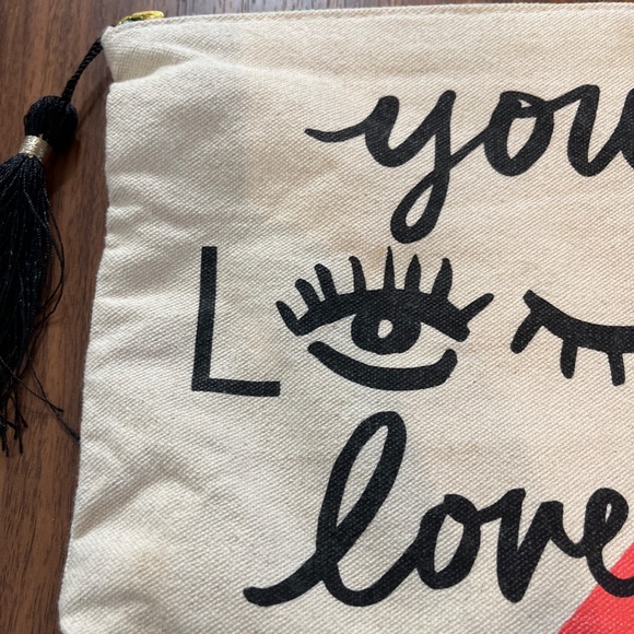 You Look Lovely Women Cosmetic Bag Size 9" Coral Canvas Tan Tote Black Tassel - Picture 4 of 13